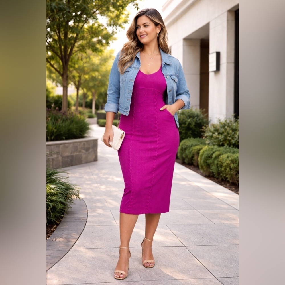 Sofia by Sofia Vergara Pink Ribbed Bodycon Midi Dress Lace Detail XXL